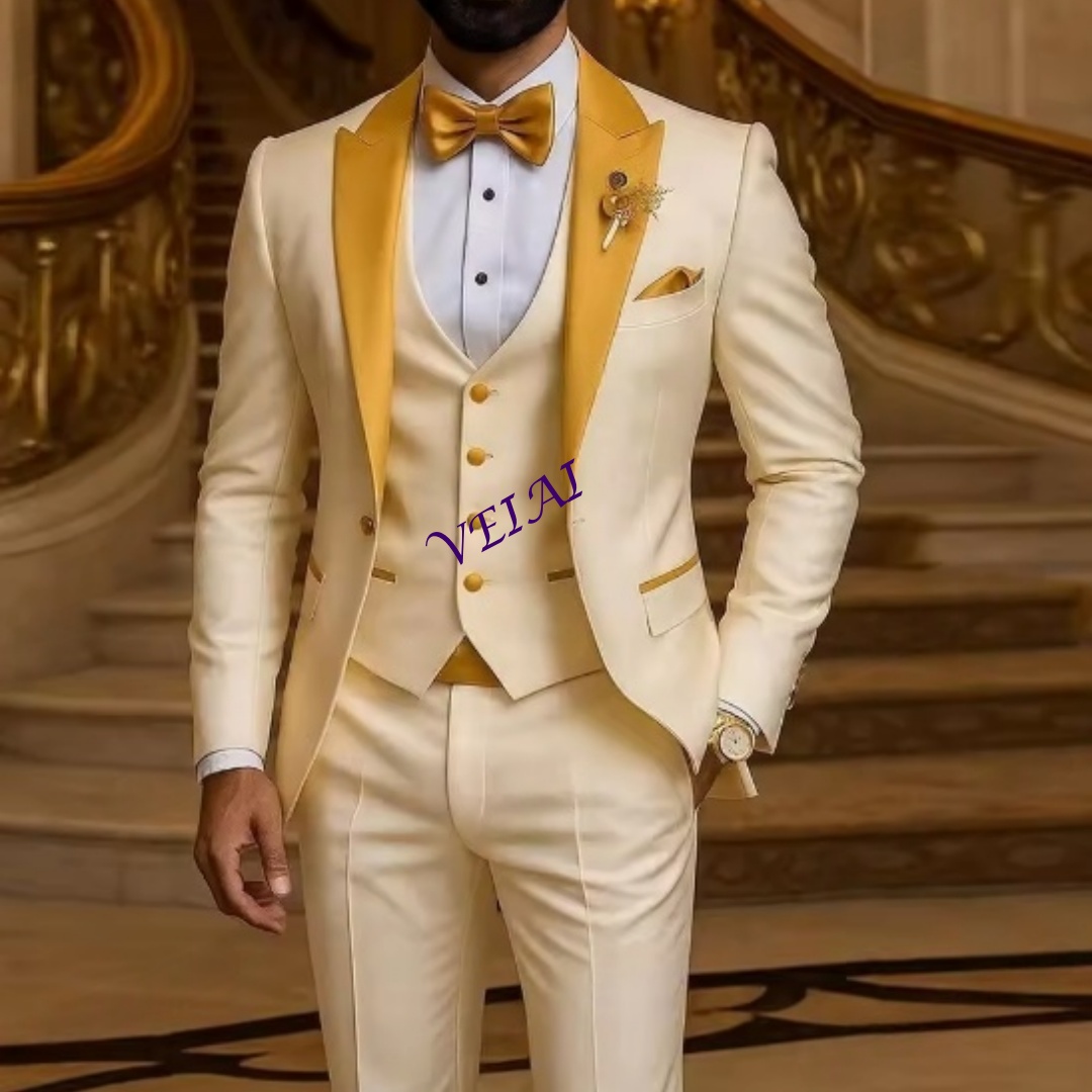 Men Formal Wear Vest - CustomizedGold Collar Ivory Men Suit Wedding