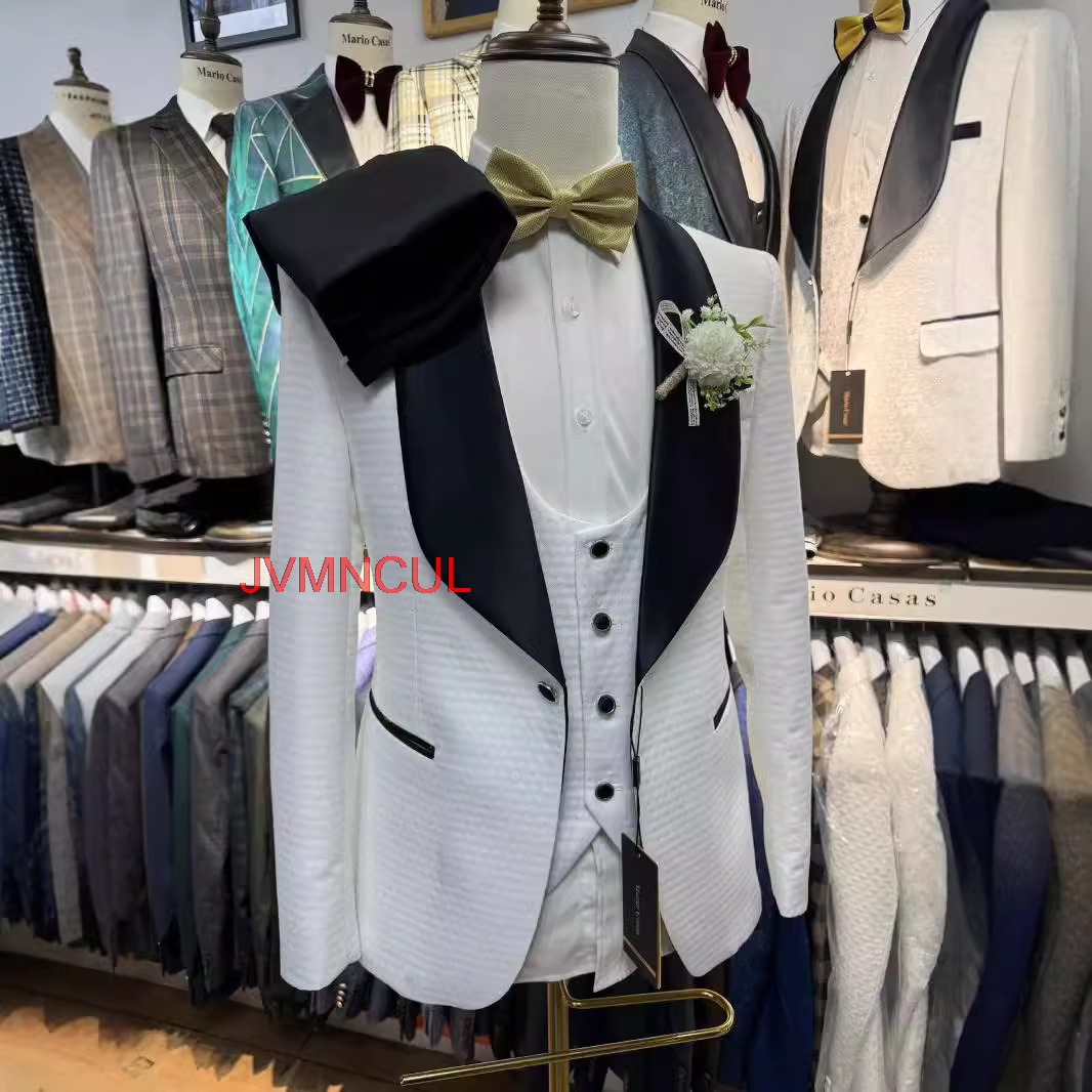 Men'S Formal Wear For Reception - 2026 Men's White Jacquard 3 Piece