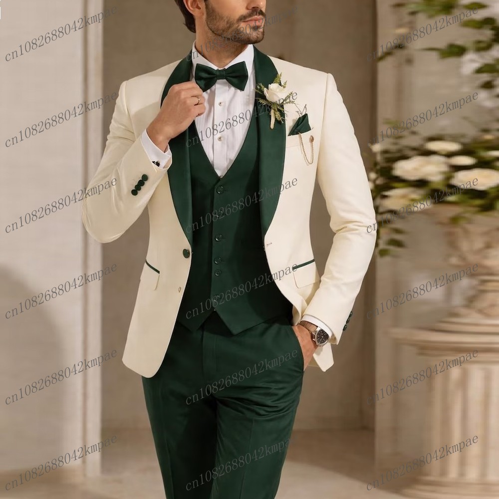 Men Formal Wear Vest - New Ivory And Dark Green Formal