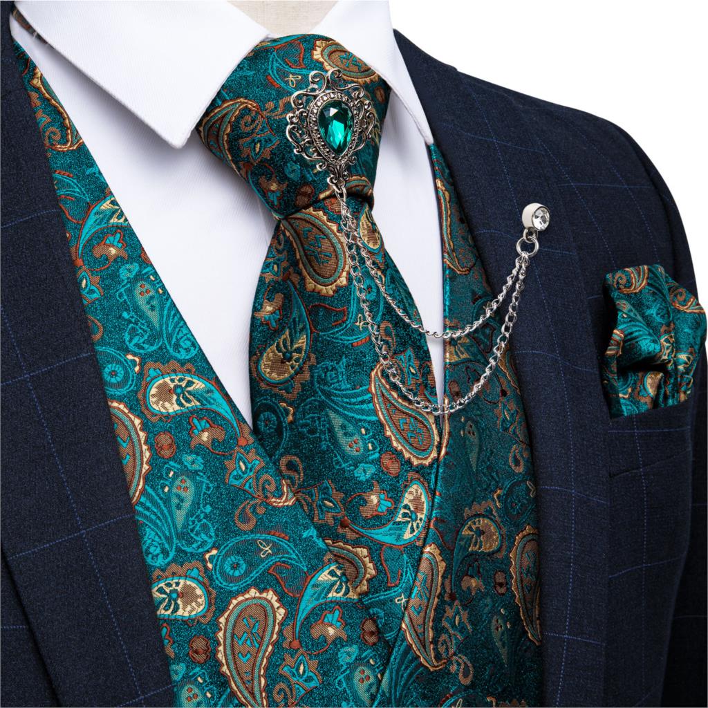 Men Formal Wear Vest - New Teal Green Paisley Formal Dress