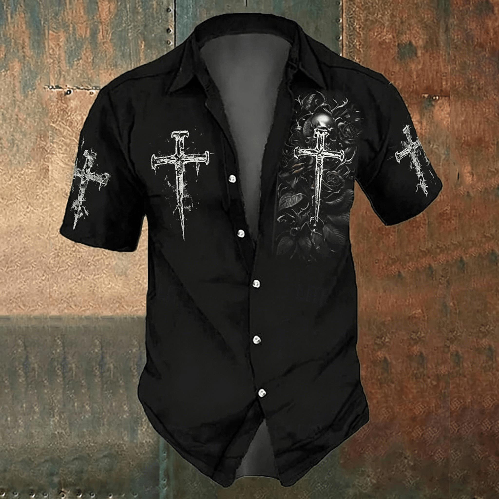 Men's Black Cross Print Casual - огляд і ціна Men'S Gothic Formal Wear