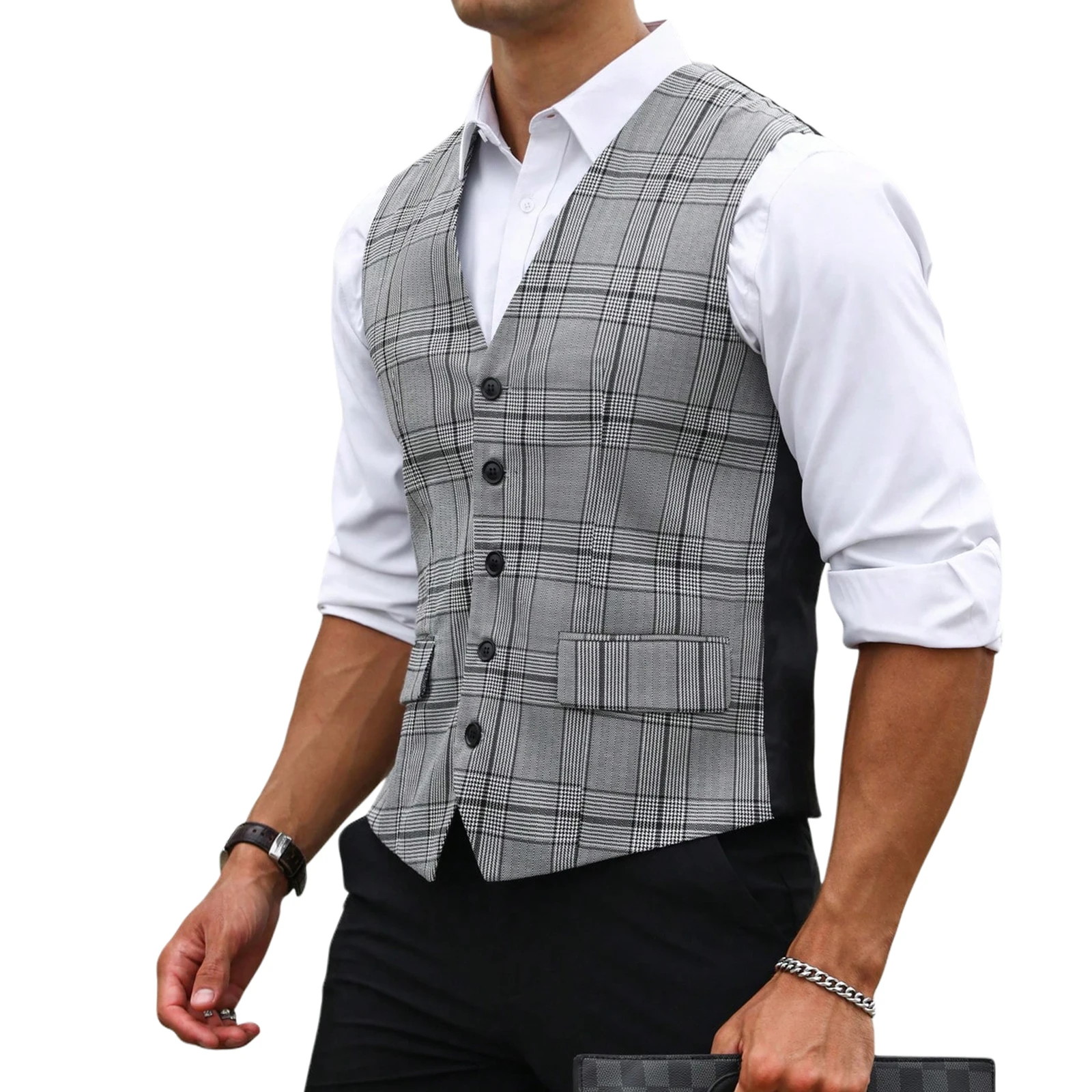 Men Grey Plaid Suit Vest Slim  - огляд і ціна Men Formal Wear Vest